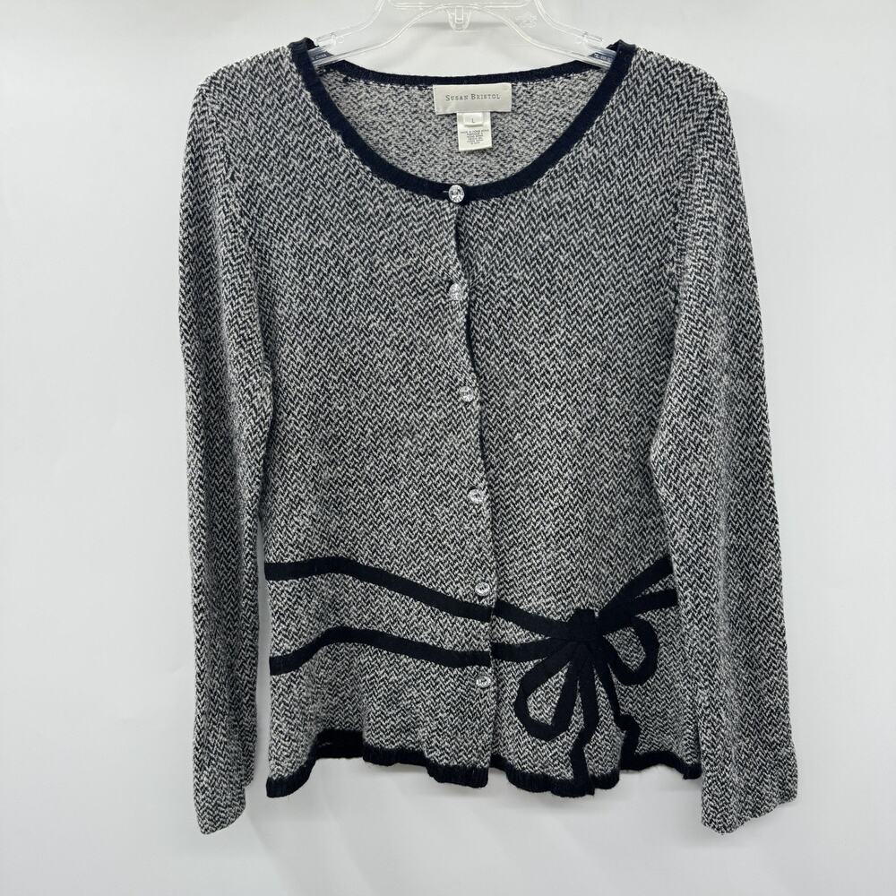 Vintage Susan Bristol Herringbone Ribbon Detail Cardigan Sz L Wool Holiday Event